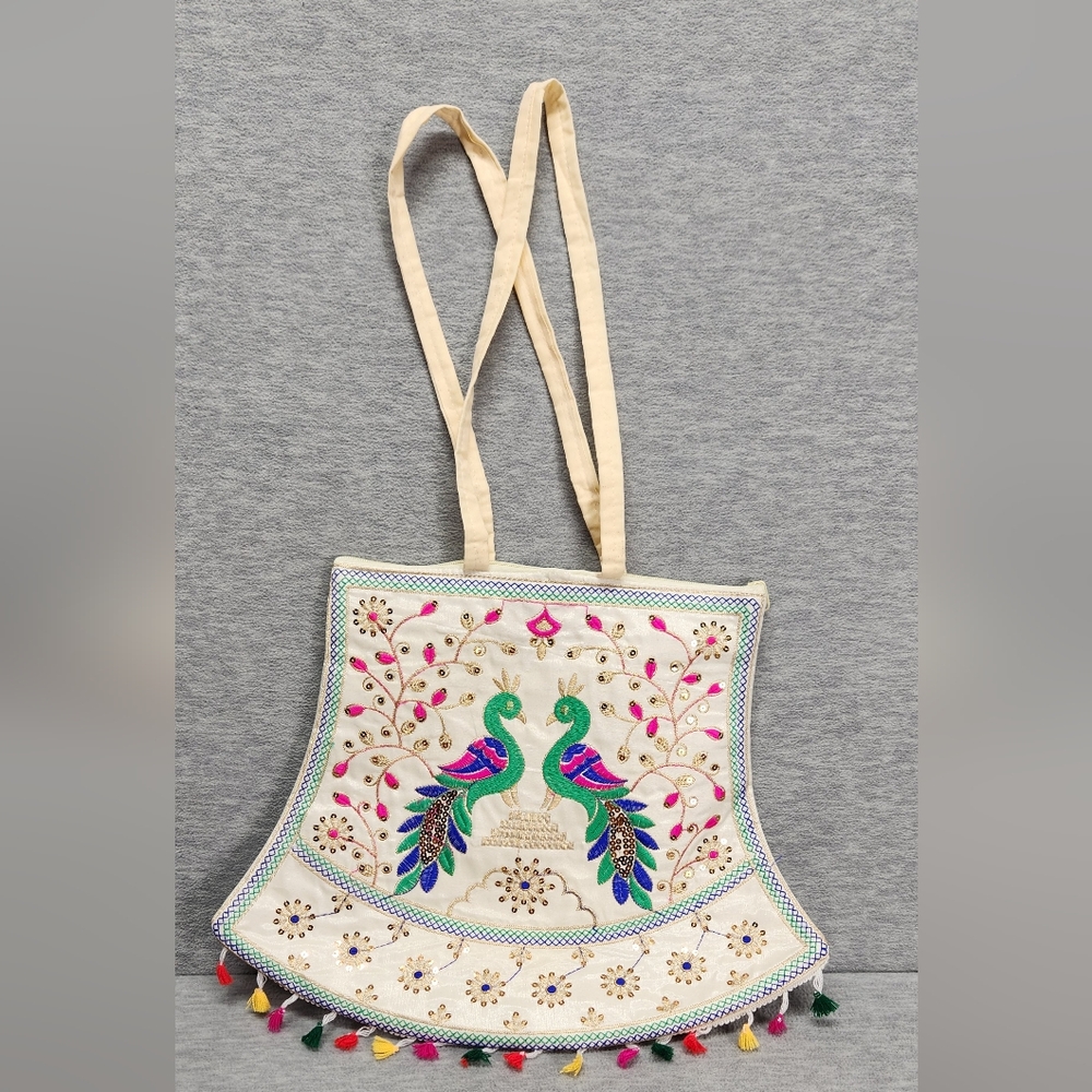 Colorful Embroidered peacocks floral Boho Hippie cottagecore hippie tote bag
